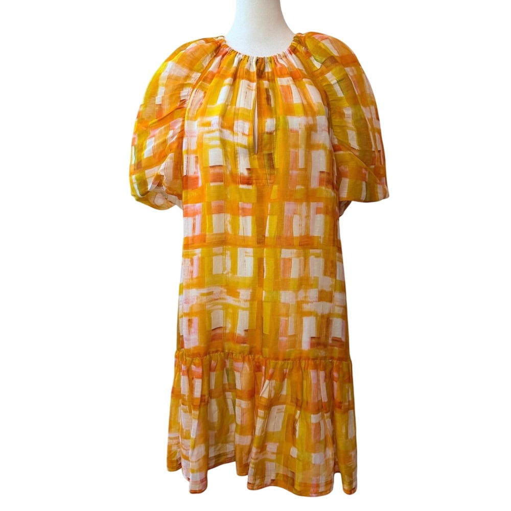 MARIE OLIVER Orange Abstract Retro Mod Linen Silk Summer Garden Party Dress MED